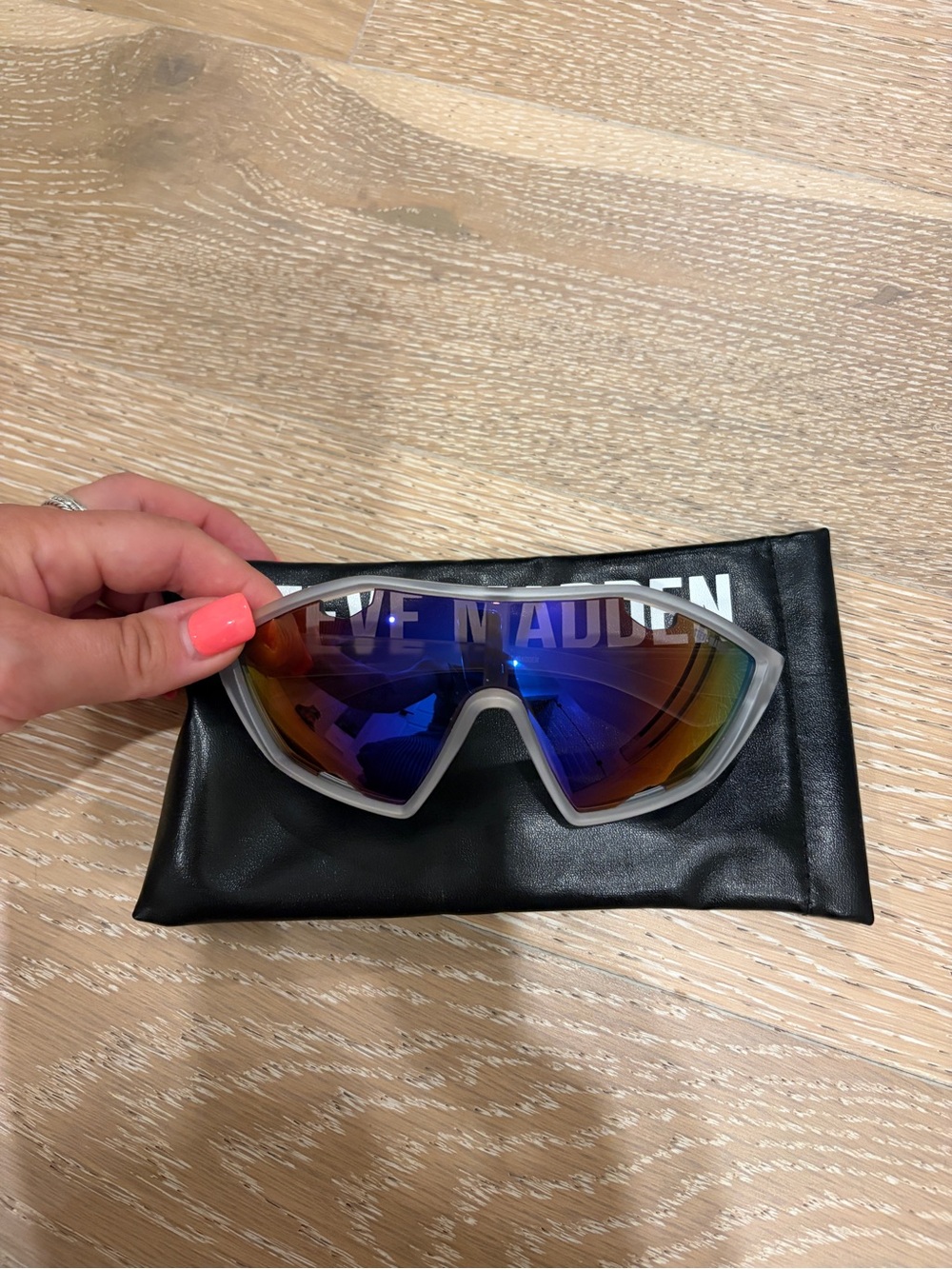 Steve Madden Women’s Sport Shield Sunglasses - White Frame, Blue Mirror Lenses